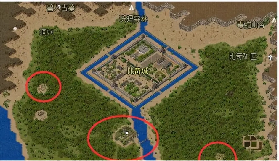 奇游戏中比奇森林的边缘有两大建筑你都知道它们的位置吗
